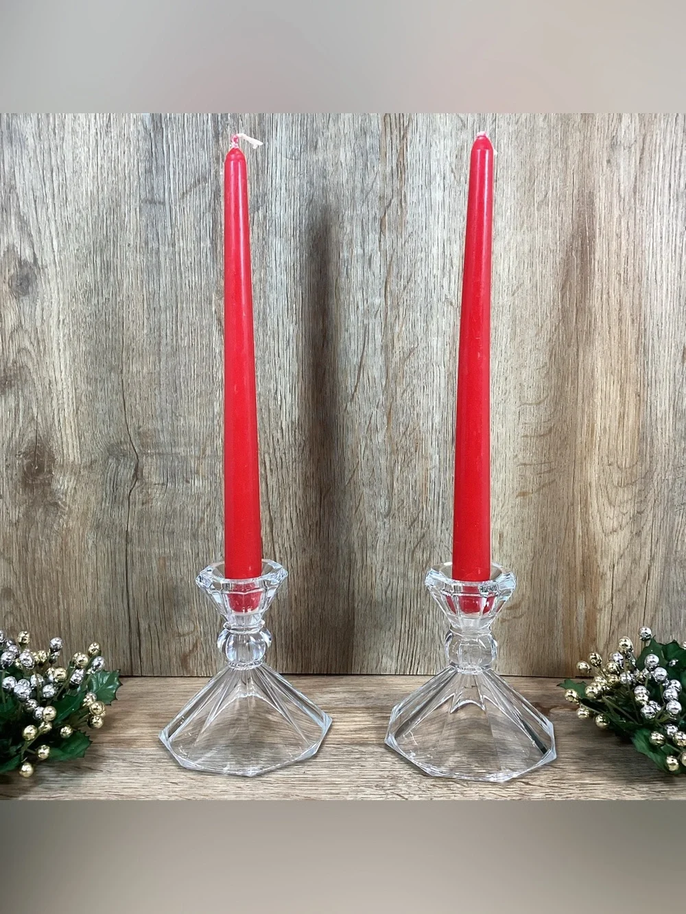 Pair Glass Candlestick Holders with Holiday Candle Rings